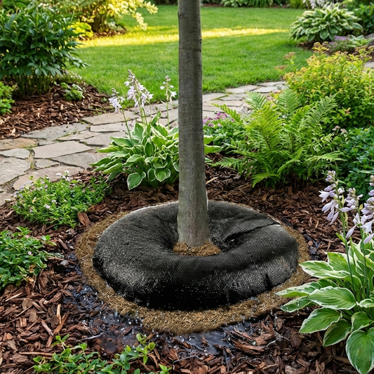 Anneau d'arrosage noir en tissu, rempli d'eau, installé autour de la base d'un jeune arbre dans un jardin. De l'eau s'écoule lentement des perforations du sac pour irriguer le sol recouvert de paillis d'écorce. Des plantes hôtes et une allée en pierre sont visibles en arrière-plan.