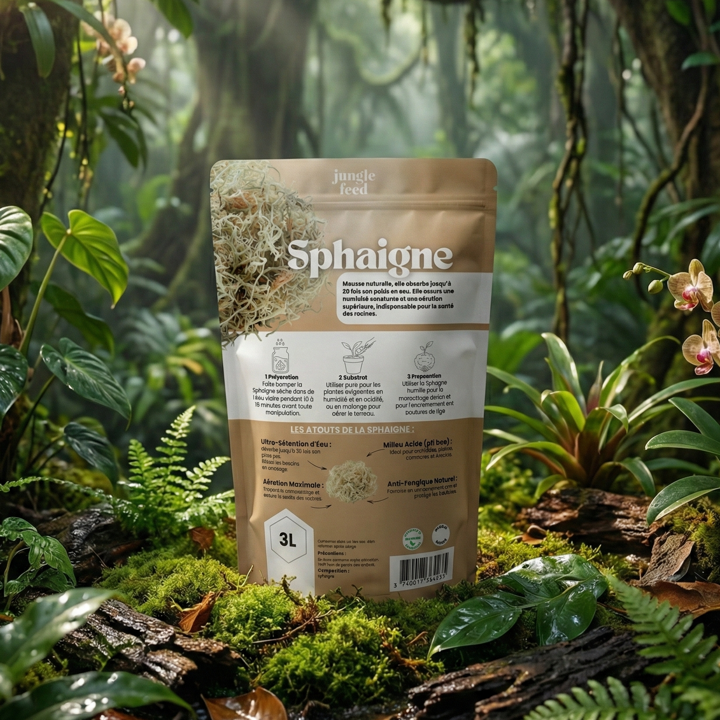 Photographie en plan large montrant un sac en papier marron du produit "Sphaigne" (mousse naturelle) de la marque "jungle feed", d'une contenance de 3L. Le sac est posé au centre sur un sol forestier recouvert d'une épaisse mousse verte humide et de morceaux de bois. Il est entouré de plantes tropicales, notamment des fougères, de grandes feuilles de type philodendron et des orchidées roses et jaunes en fleurs.