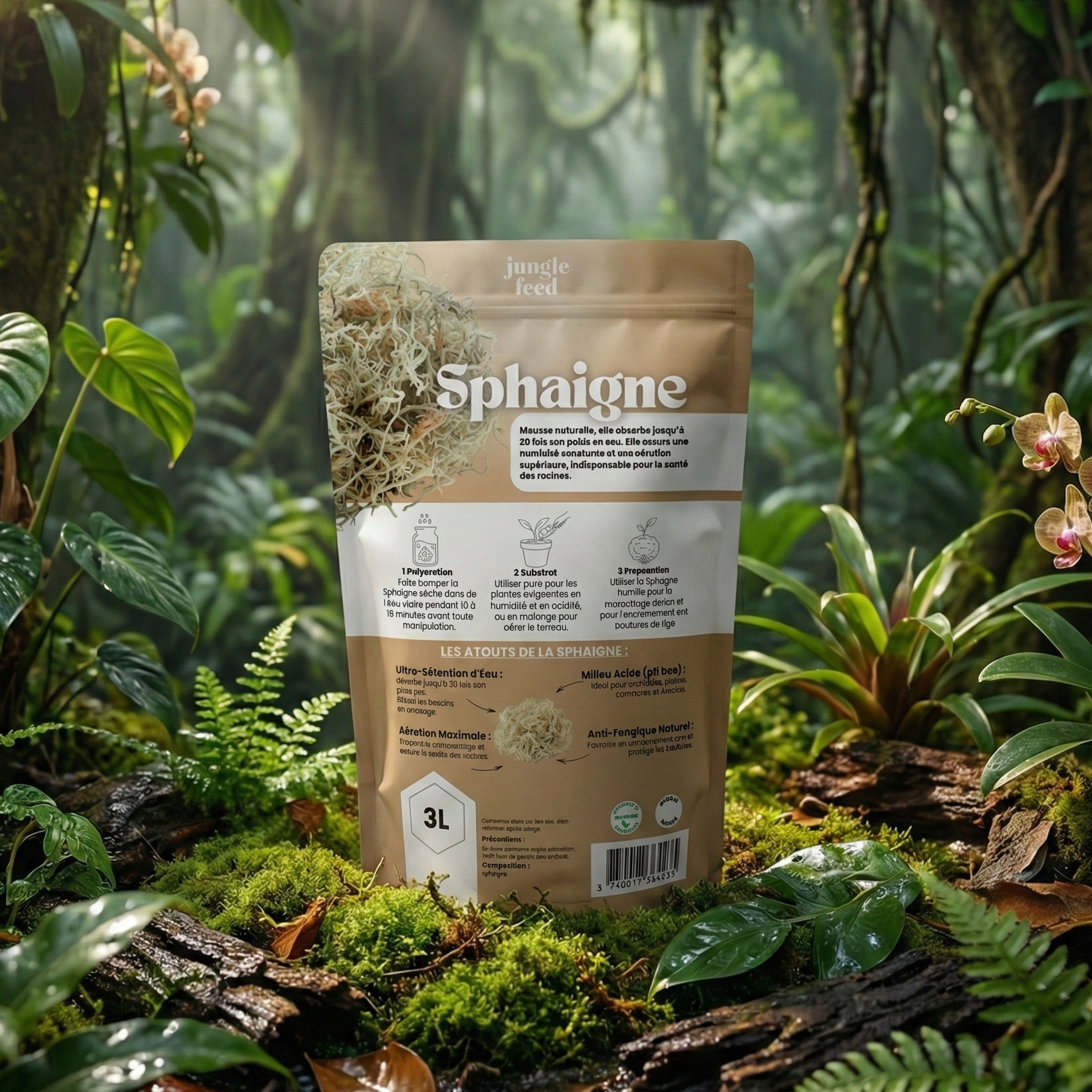 Photographie en plan large montrant un sac en papier marron du produit "Sphaigne" (mousse naturelle) de la marque "jungle feed", d'une contenance de 3L. Le sac est posé au centre sur un sol forestier recouvert d'une épaisse mousse verte humide et de morceaux de bois. Il est entouré de plantes tropicales, notamment des fougères, de grandes feuilles de type philodendron et des orchidées roses et jaunes en fleurs.