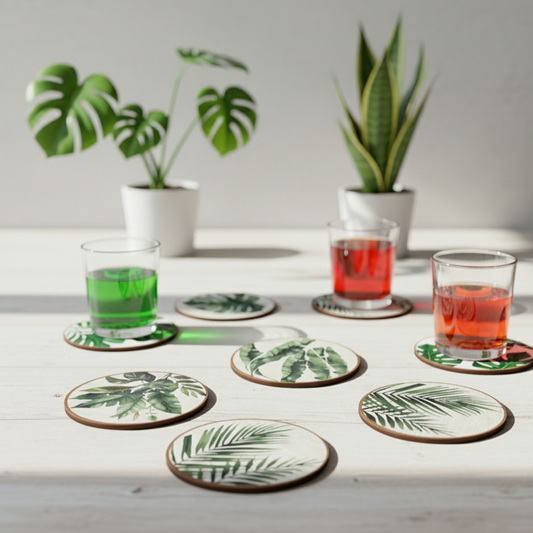 Mise en scène minimaliste sur une table en bois clair. Plusieurs sous-verres ronds à motif de feuilles de Monstera sont disposés de manière décontractée. Certains supportent des verres contenant des boissons aux couleurs vives (verte et rouge), tandis que d'autres sont vides. En arrière-plan, deux plantes d'intérieur (un Monstera et une Sansevieria) complètent le décor. L'ensemble est baigné d'une lumière naturelle douce.