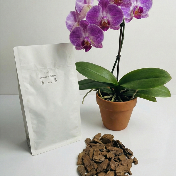 Mise en scène présentant un sachet blanc d'écorces pour orchidées, une poignée de substrat au premier plan et une orchidée Phalaenopsis aux fleurs violettes dans un pot en terre cuite en arrière-plan.