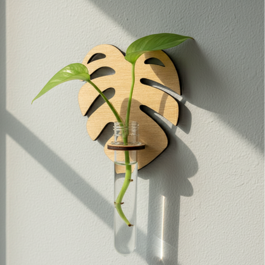 Un support de bouture mural en forme de feuille de Monstera stylisée en bois clair. Un tube à essai en verre transparent est inséré dans le centre du support, contenant une bouture de plante verte avec des racines visibles dans l'eau