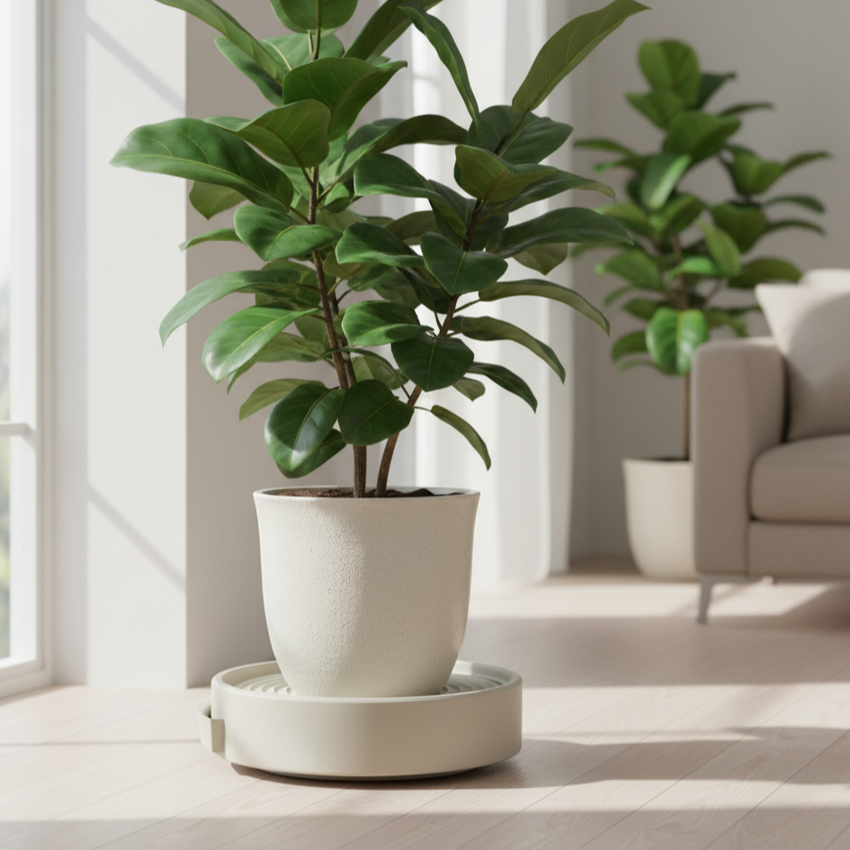 Support de pot de fleurs roulant et étanche en plastique noir, soutenant un grand cache-pot gris foncé avec un ficus de 1m50, dans un salon avec un parquet en bois clair. Idéal pour déplacer facilement de grandes plantes sans effort.