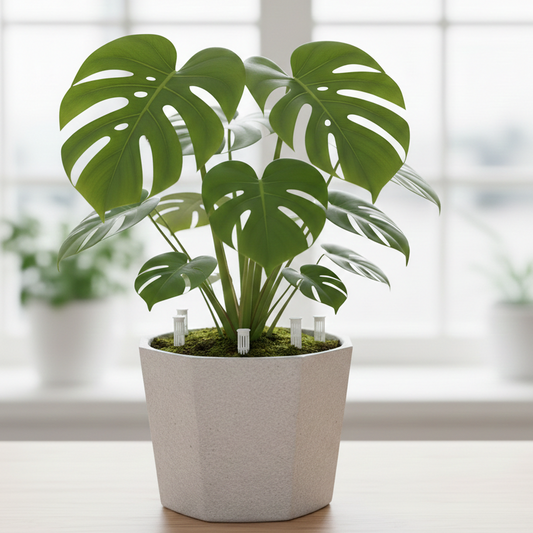 Un tube de ventilation blanc inséré verticalement dans un pot de plante verte d'intérieur pour favoriser le développement racinaire et prévenir le pourrissement.
