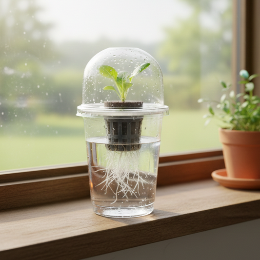Kit de plantation hydroponique posé dans un appartement lumineux entouré de plantes d'intérieur, illustrant une décoration végétale moderne et minimaliste.