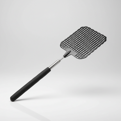 Photographie de produit d'une tapette à mouches de couleur noire. L'objet, doté d'un manche télescopique argenté et d'une poignée ergonomique bleue, est présenté sur un fond uni gris clair avec un éclairage de studio professionnel.








