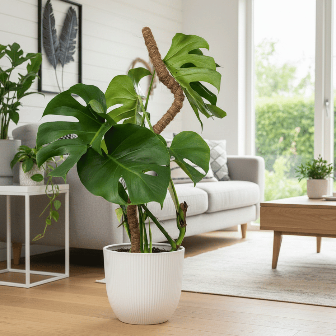 Une grande plante Monstera avec un tuteur en fibre de coco est placée dans un cache-pot décoratif noir. La scène se déroule dans un salon moderne et lumineux, avec des coussins et des cadres sur le mur blanc. L'image met en valeur la plante ainsi que le tuteur et le cache-pot, qui sont des accessoires de jardinage fonctionnels et esthétiques pour les plantes d'intérieur.