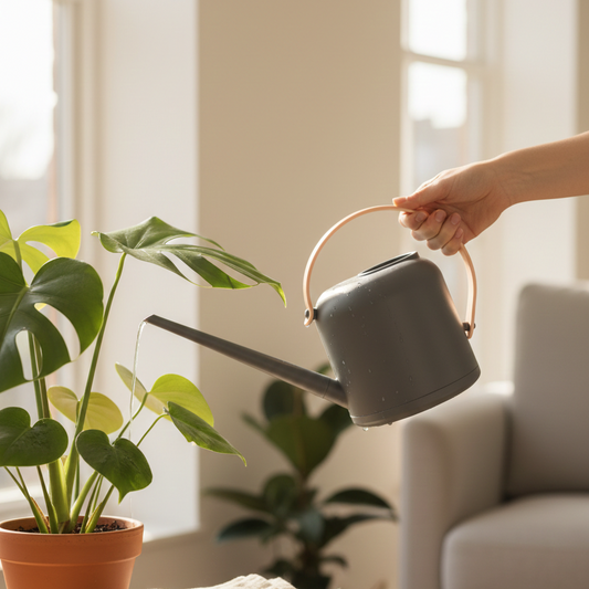 Scène de vie montrant l'arrosage d'une plante verte avec un arrosoir gris anthracite. La poignée ergonomique en plastique robuste permet une prise en main stable pour un arrosage précis.