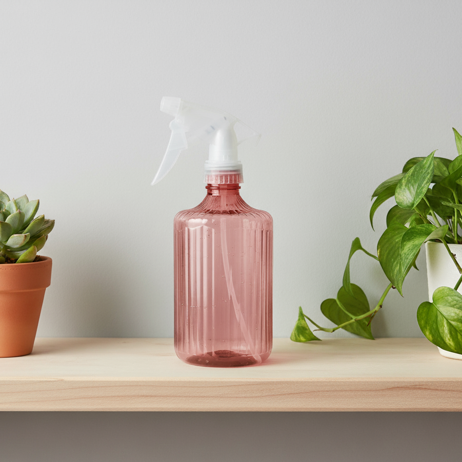 Flacon pulvérisateur rose/ambre sur tablette en bois rustique avec des plantes grasses.