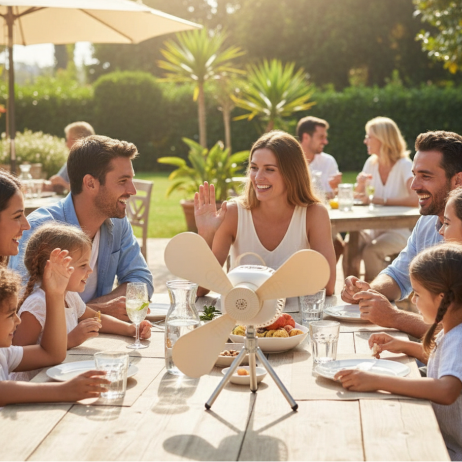 Un ventilateur portable de couleur crème sur trépied est posé au centre d'une table de jardin en bois. Autour, un groupe d'adultes et d'enfants souriants partagent un repas en plein air. La scène, baignée de soleil, évoque un moment convivial et estival.