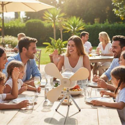 Un ventilateur portable de couleur crème sur trépied est posé au centre d'une table de jardin en bois. Autour, un groupe d'adultes et d'enfants souriants partagent un repas en plein air. La scène, baignée de soleil, évoque un moment convivial et estival.