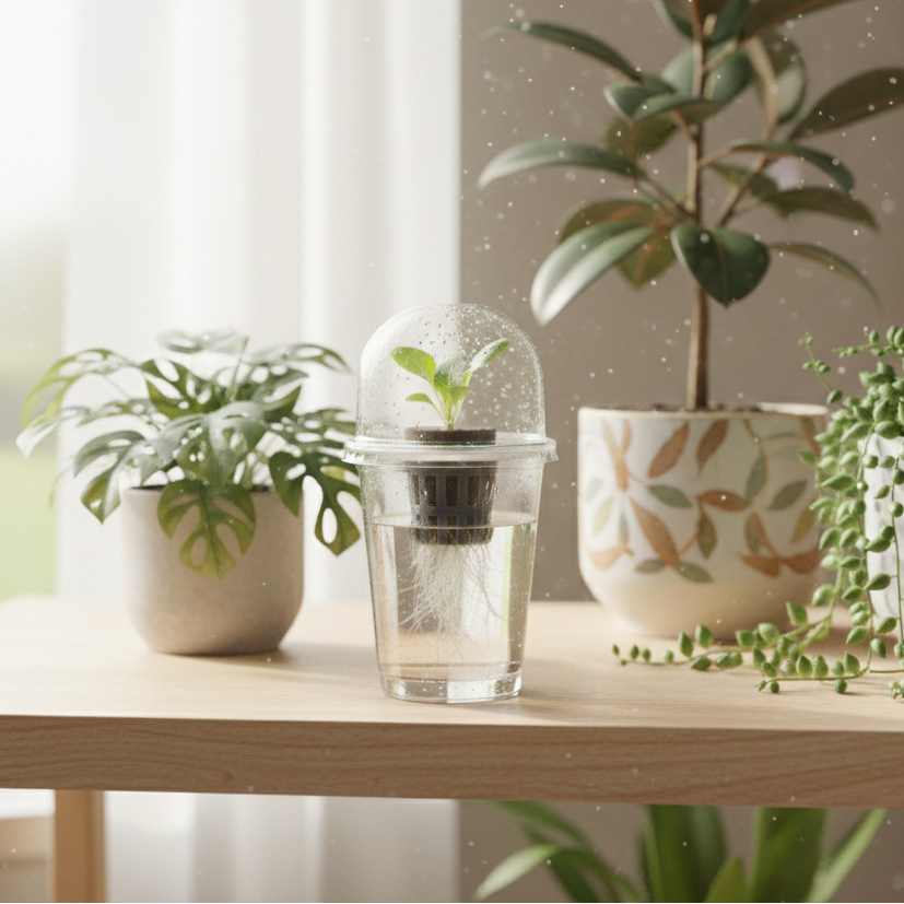 Gros plan sur le dôme de protection transparent et les racines saines d'une plante poussant dans un réservoir d'eau, démontrant l'efficacité de la méthode hydroponique.