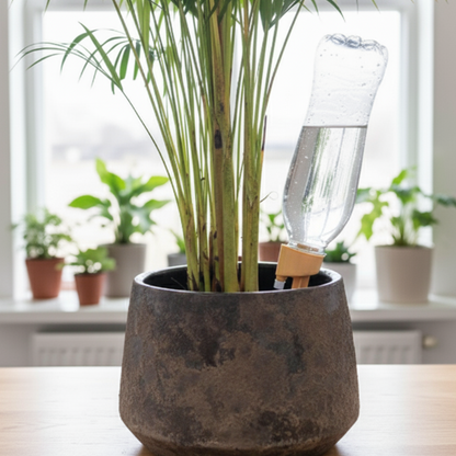 Un système d'arrosage goutte-à-goutte en céramique et plastique orange, connecté à une bouteille d'eau agrandie et inséré dans un pot de plante.