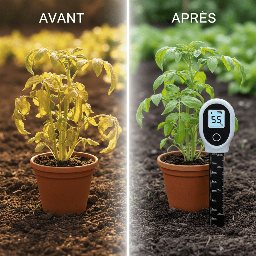 Humidimètre de sol numérique utilisé par une personne dans un jardin potager pour vérifier l'humidité de la terre.