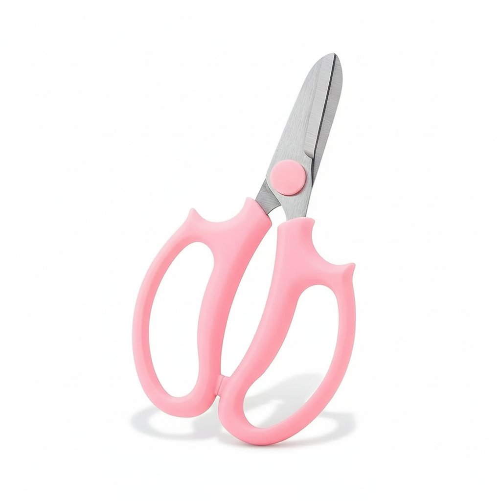 Cisaille de précision rose compacte, lames en acier inoxydable, sur fond blanc de studio.