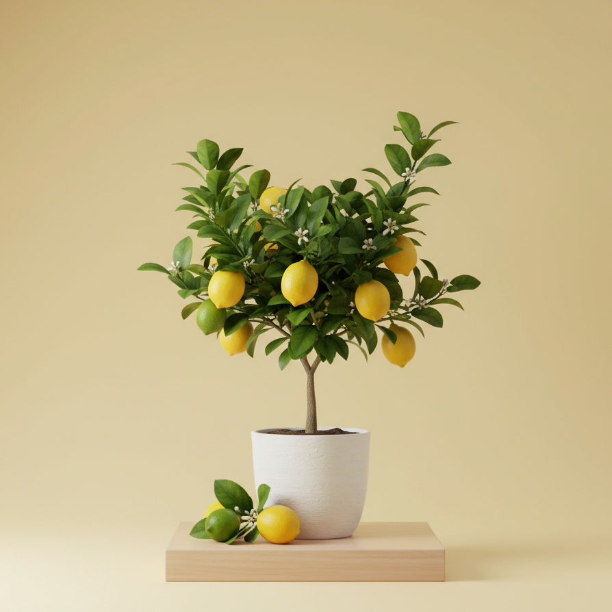 Un petit citronnier luxuriant dans un pot blanc, posé sur un socle en bois clair. L'arbre est rempli de citrons jaunes vifs, de quelques citrons verts et de délicates fleurs blanches. Le tout est présenté sur un fond uni de couleur crème, créant une atmosphère de studio douce et épurée.