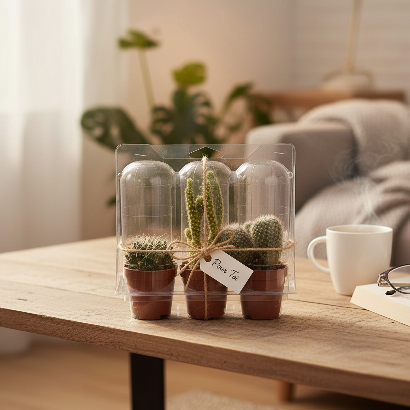 Coffret cadeau transparent avec trois mini cactus en pot et une étiquette "Pour Toi"
