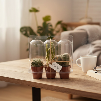 Coffret cadeau transparent avec trois mini cactus en pot et une étiquette "Pour Toi"