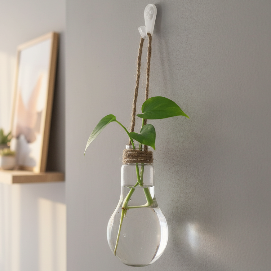 Décoration murale : petit vase ampoule suspendu pour plante d'intérieur, corde rustique, mur gris clair style scandinave.