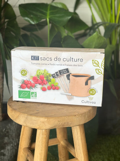 Kit de sacs de culture bio – tomates cerise, radis ronds et fraises des bois