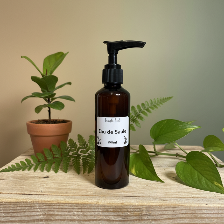 Une bouteille marron foncé avec une pompe noire, étiquetée "Jungle Feel Eau de Saule 100ml", posée sur une caisse en bois clair. À l'arrière-plan, des plantes vertes, dont une en pot en terre cuite et des feuilles de fougère.