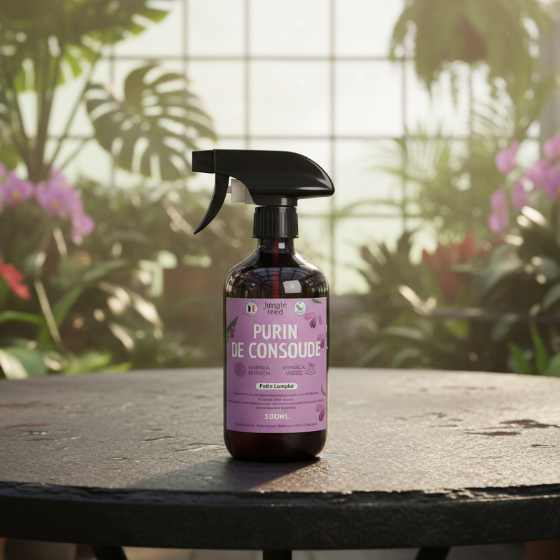 Vaporisateur de Purin de Consoude mis en scène dans un environnement végétal naturel et lumineux.