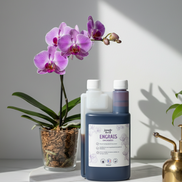 Bouteille de 500 ml d'engrais liquide pour orchidées, conçue pour favoriser la floraison et la croissance. Le produit est placé à côté d'une magnifique orchidée en pleine fleur.