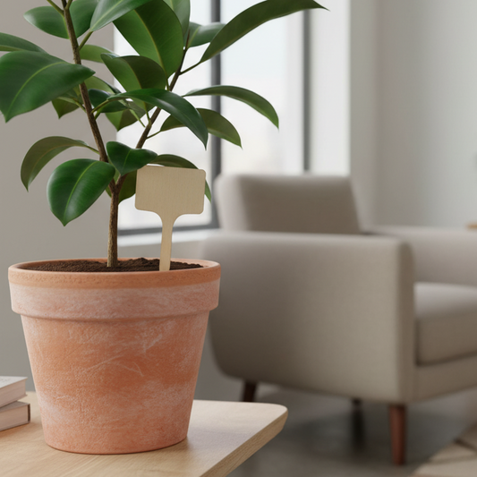 etiquette plante en bois dans un pot en terre cuite avec un ficus 