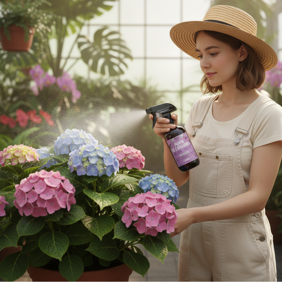 Jeune femme souriante, portant un chapeau de paille et une salopette, vaporisant du Purin de Consoude Jungle Feed sur des hortensias roses et bleus dans une serre lumineuse.