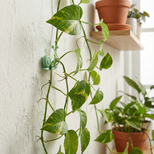 Clip mural escargot vert utilisé pour guider une plante Pothos le long d'un mur, à côté d'une étagère en bois avec des pots en terre cuite. Décoration végétale d'intérieur.
