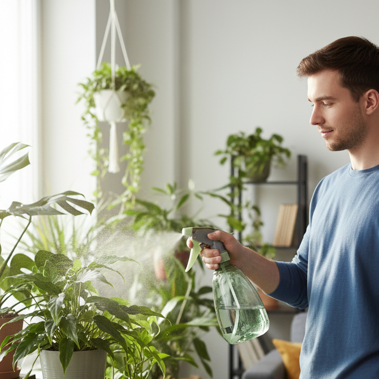 Jeune homme d'environ 25 ans, cheveux bruns, en pull bleu, vaporisant une plante verte feuillue dans son salon lumineux rempli de plantes d'intérieur.