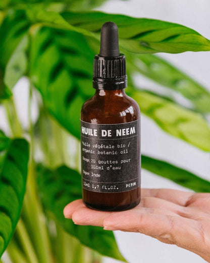 flacon d'huile de neem de la marque pépin posé sur une main avec un fond végétal