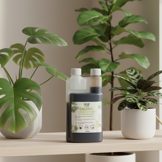 Bouteille d'engrais organique spécifiquement formulé pour les plantes d'intérieur et les variétés rares, enrichissant le sol et stimulant la vitalité des feuilles.