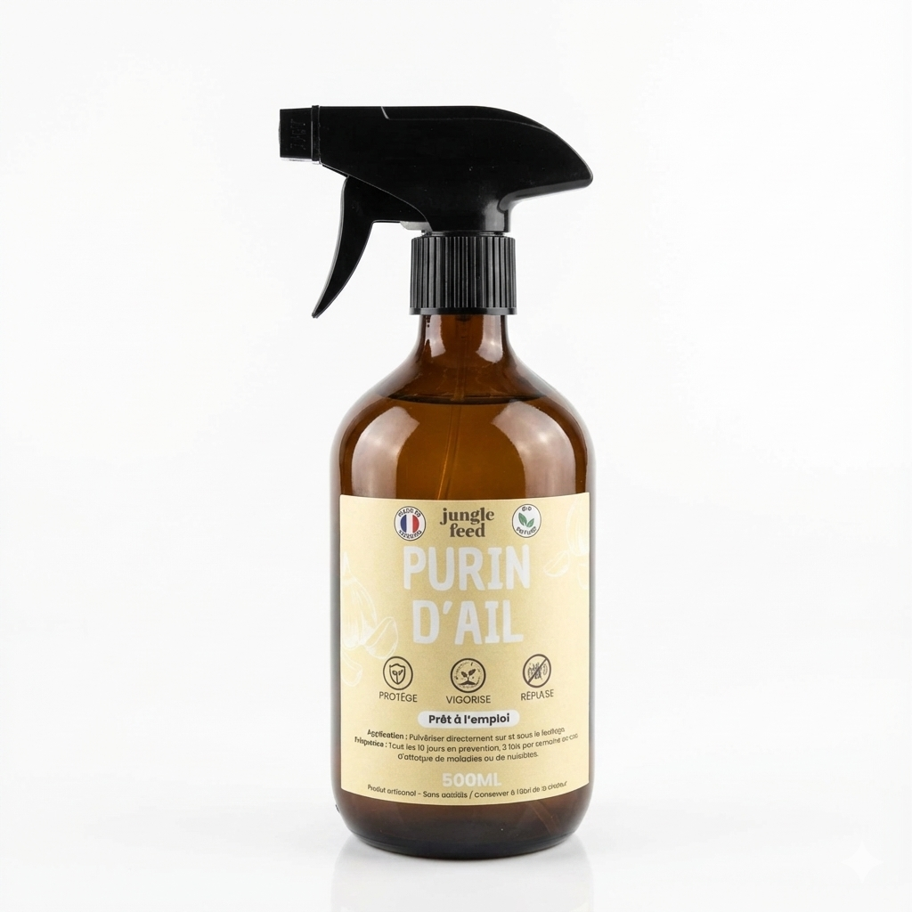 Bouteille de spray Purin d'Ail de la marque Jungle Feed, isolée sur fond blanc. Solution naturelle de 500ml pour protéger et vigoriser les plantes.