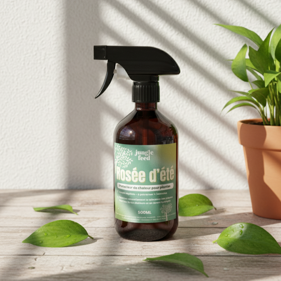 Bouteille de 500ml de "Jungle Feed Rosée d'Été", un protecteur de chaleur pour plantes, avec un vaporisateur noir. L'étiquette verte indique "Protecteur de chaleur pour plantes" et les instructions d'utilisation. Le fond est bleu clair avec des ombres de lumière naturelle.
