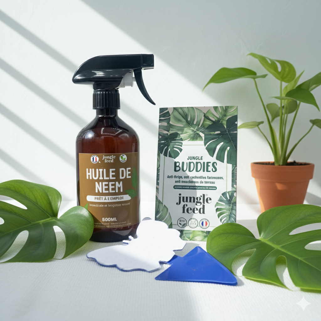 Kit anti-thrips Jungle Feed avec une bouteille d'Huile de Neem, des pièges à insectes jaunes et une petite plante. La scène est lumineuse et met en valeur les produits pour le soin des plantes.