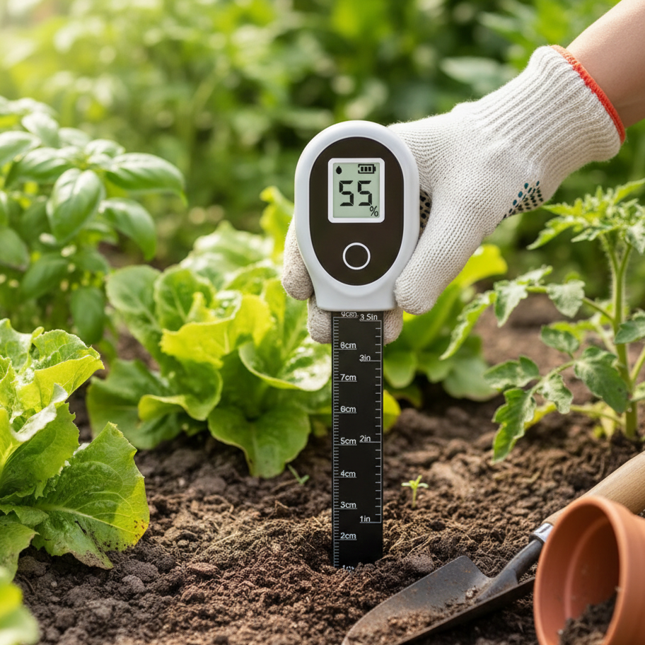 umidimètre de sol numérique posé avec d'autres outils de jardinage et des gants