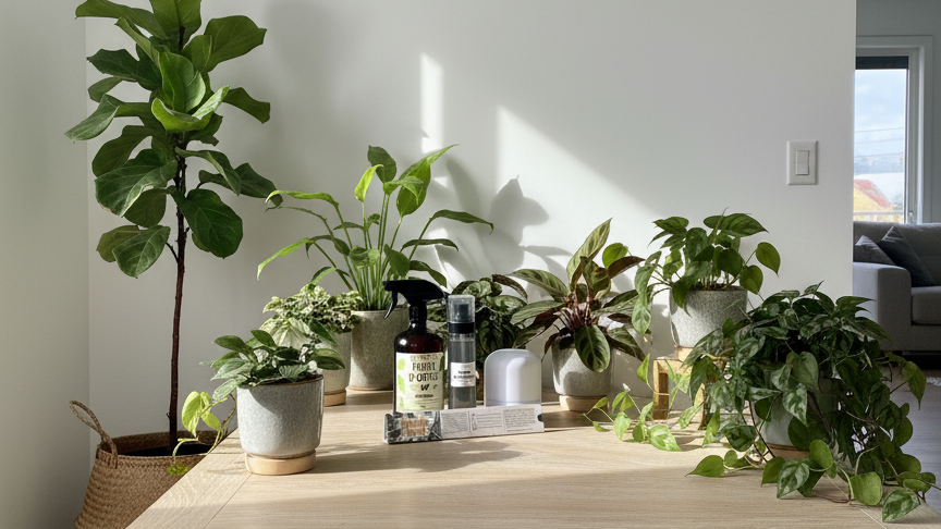 le kit hiver jungle feed avec 4 produits et des plantes autour 
