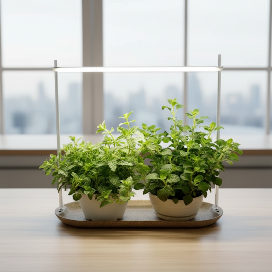 Lampe de croissance pour plantes d'intérieur avec éclairage LED, hauteur ajustable. Illustre comment l'éclairage s'adapte à la croissance des plantes. Idéal pour un potager d'intérieur ou herbes aromatiques.