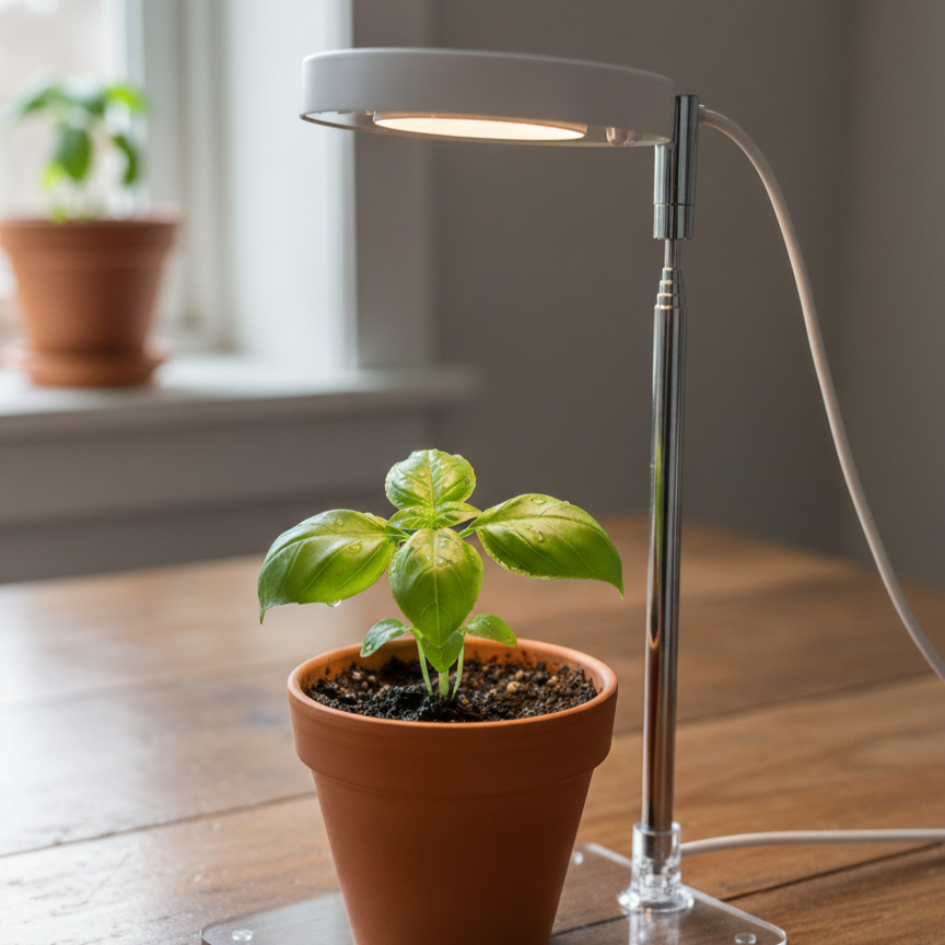 Lampe de croissance LED compacte éclairant un jeune plant de basilic en pot sur une table en bois, avec une fenêtre en arrière-plan. Idéal pour la culture de plantes d'intérieur et d'herbes aromatiques.