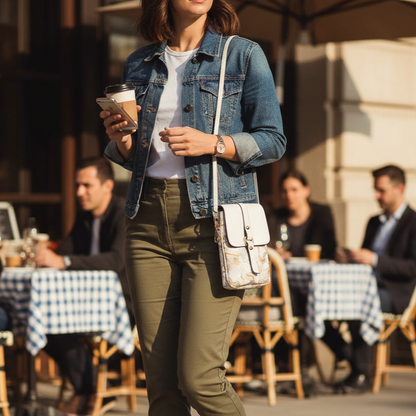 Mini sac à main élégant avec rabat blanc et motif floral discret, porté par une personne dans un environnement urbain.
