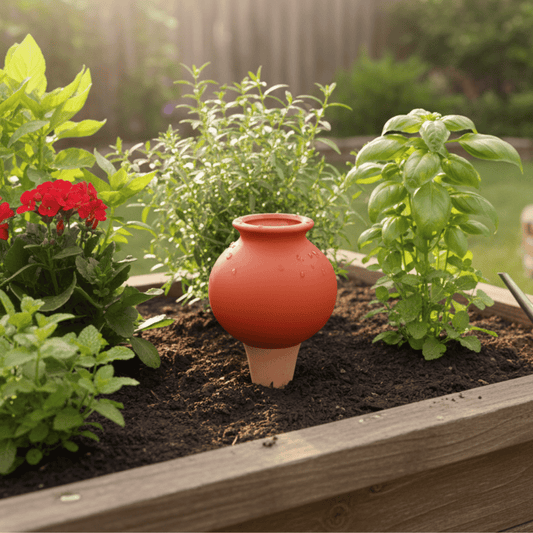 Un ollas en céramique orange inséré dans un grand pot de plante d'intérieur, avec une soucoupe en terre cuite et un arrosoir à côté, suggérant son utilisation pour l'irrigation.