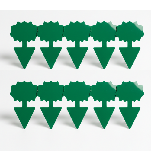 Gros plan sur 10 pièges adhésif de couleur verte en forme de fleur stylisée. Le dispositif dispose d'un piquet à sa base pour être inséré dans la terre et sert à capturer les thrips et mouches de terreau.