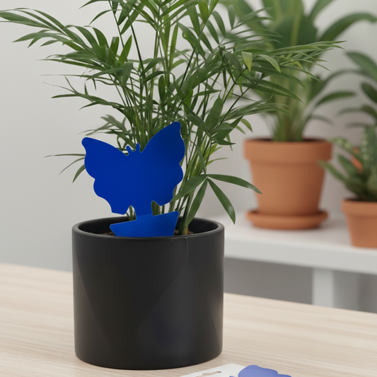 Un piège à insectes bleu en forme de papillon inséré dans la terre d'un pot de plante verte en pot noir, sur un fond blanc.