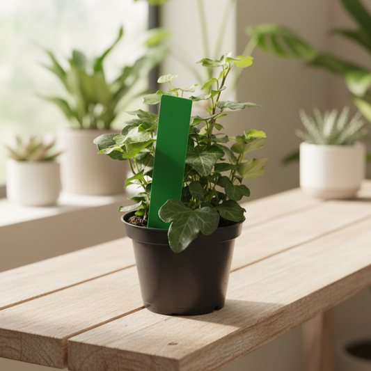 Une petite plante de lierre (Hedera helix) en pot, posée sur un fond clair et épuré, mettant en valeur son feuillage.