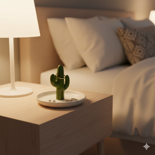 Plateau à bijoux en céramique blanche avec un support central en forme de cactus vert sans trous, tenant des bagues et des bijoux, posé sur une coiffeuse en bois.