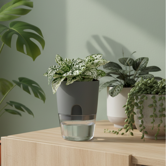 Pot de fleur Hypoestes gris sur un meuble en bois avec d'autres plantes d'intérieur, pour un décor végétal et moderne.