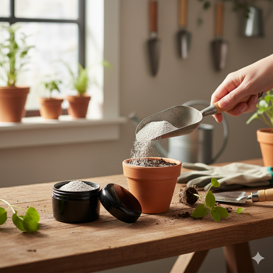 Terre de diatomée en poudre versée dans un pot en terre cuite. Le produit est dans un pot noir ouvert à côté d'outils de jardinage, avec une jeune plante prête à être rempotée.