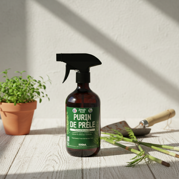 Gros plan sur un flacon de purin de prêle de la marque Jungle Feed, un soin des plantes à base de prêle pour renforcer leur résistance aux maladies.