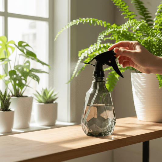 Un pulvérisateur gris minimaliste, tenu par une main, vaporisant de l'eau sur les feuilles d'une grande plante verte d'intérieur.